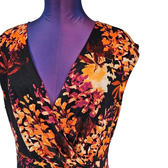 Lascana Venus Black & Orange Floral Print Faux Wrap Midi Dress Size Medium Women - Picture 3 of 9